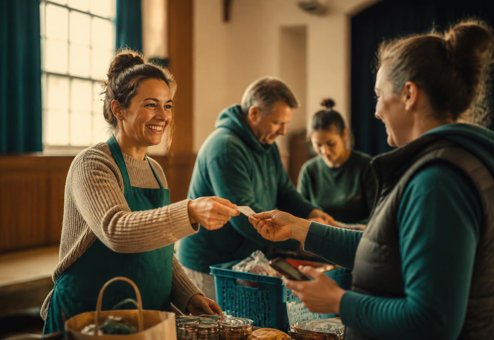 Volunteers handing over a receipt in a community hall while using the Declasys app
